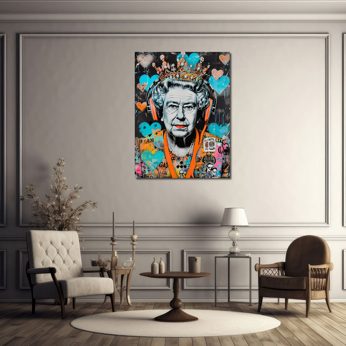 Queen con cuffie e corona in stile Graffiti Pop Art quadro