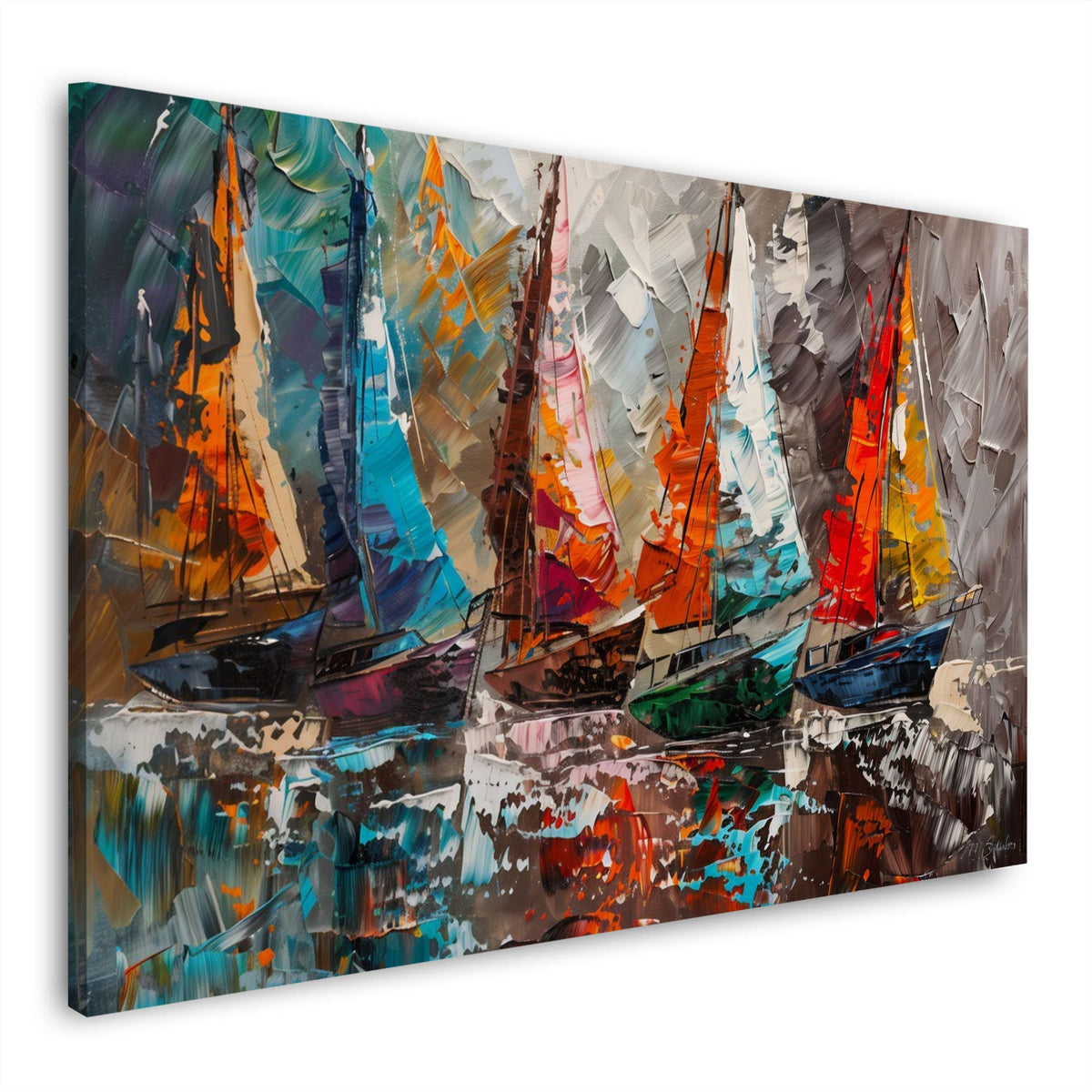 Regata di barche a vela colorate con riflessi sull'acqua quadro