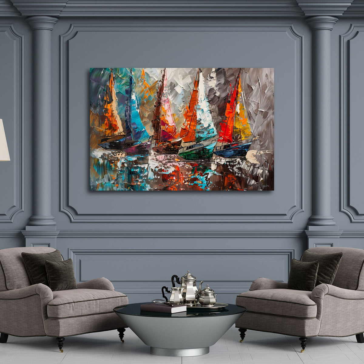 Regata di barche a vela colorate con riflessi sull'acqua quadro