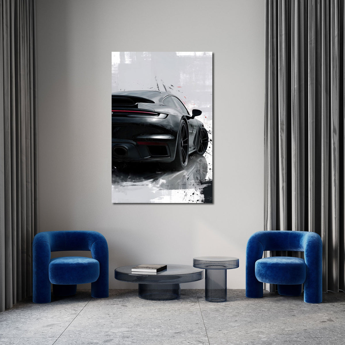 Retro di Porsche nera con tracce di colore astratte quadro