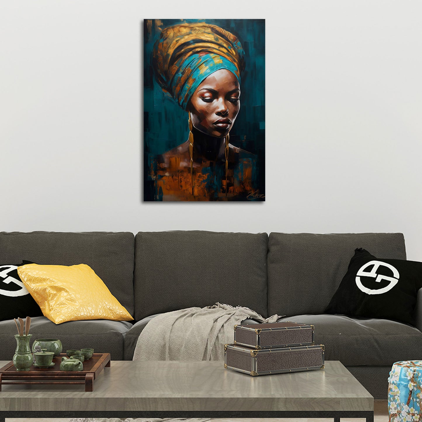 Ritratto africano donna turbante gioielli eleganza arte quadro