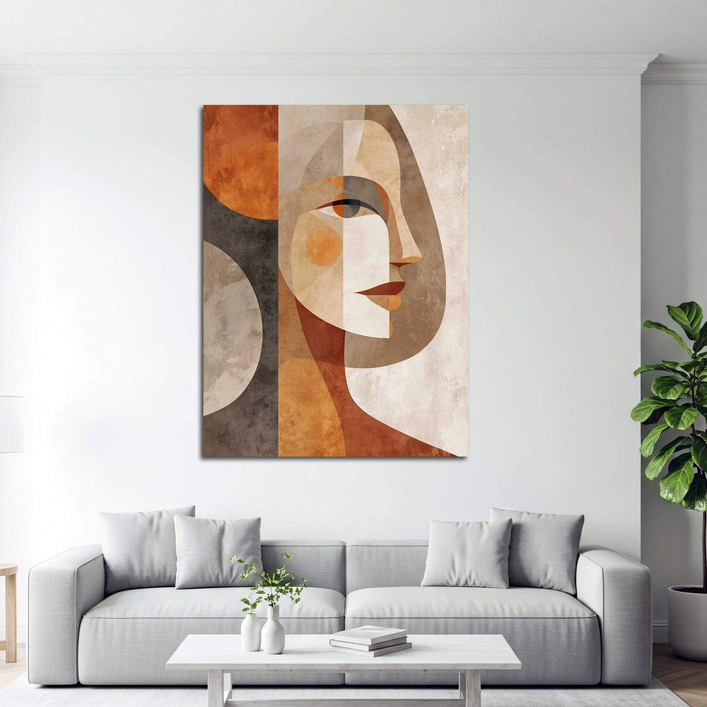 Ritratto astratto donna forme geometriche colori caldi quadro