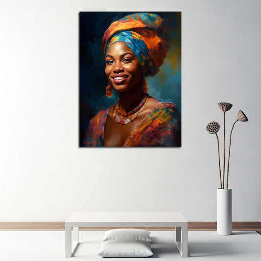 Ritratto donna africana colori vivaci sorriso tradizione quadro