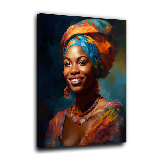 Ritratto donna africana colori vivaci sorriso tradizione quadro