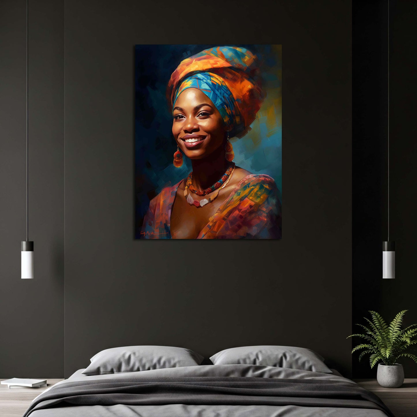 Ritratto donna africana colori vivaci sorriso tradizione quadro