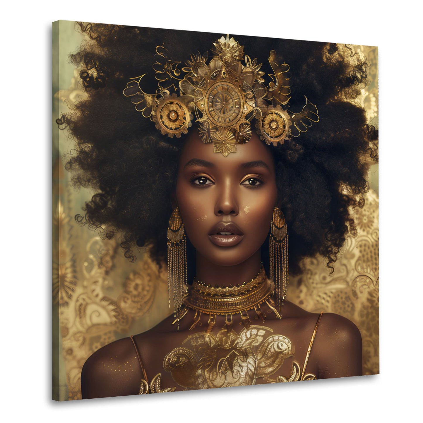 Ritratto donna africana corona oro gioielli eleganti quadro