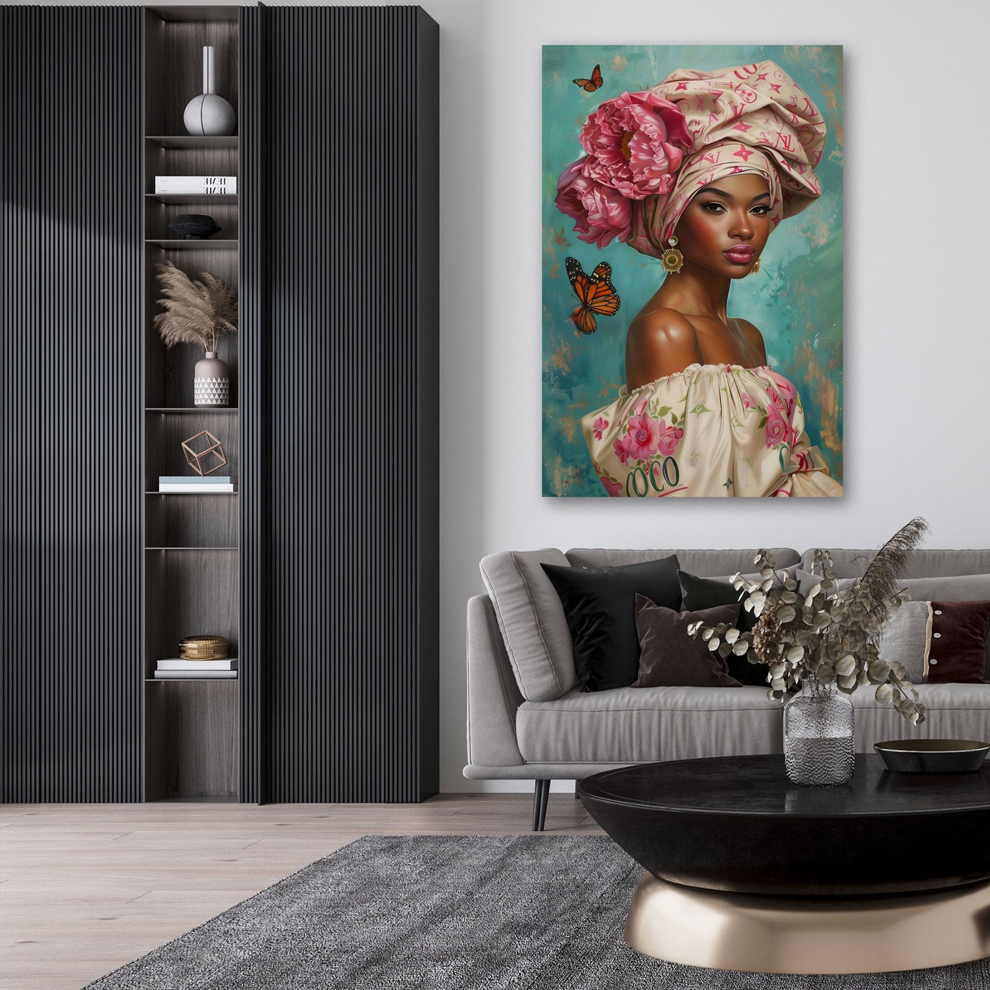 Ritratto donna africana fiori turbante farfalle elegante quadro