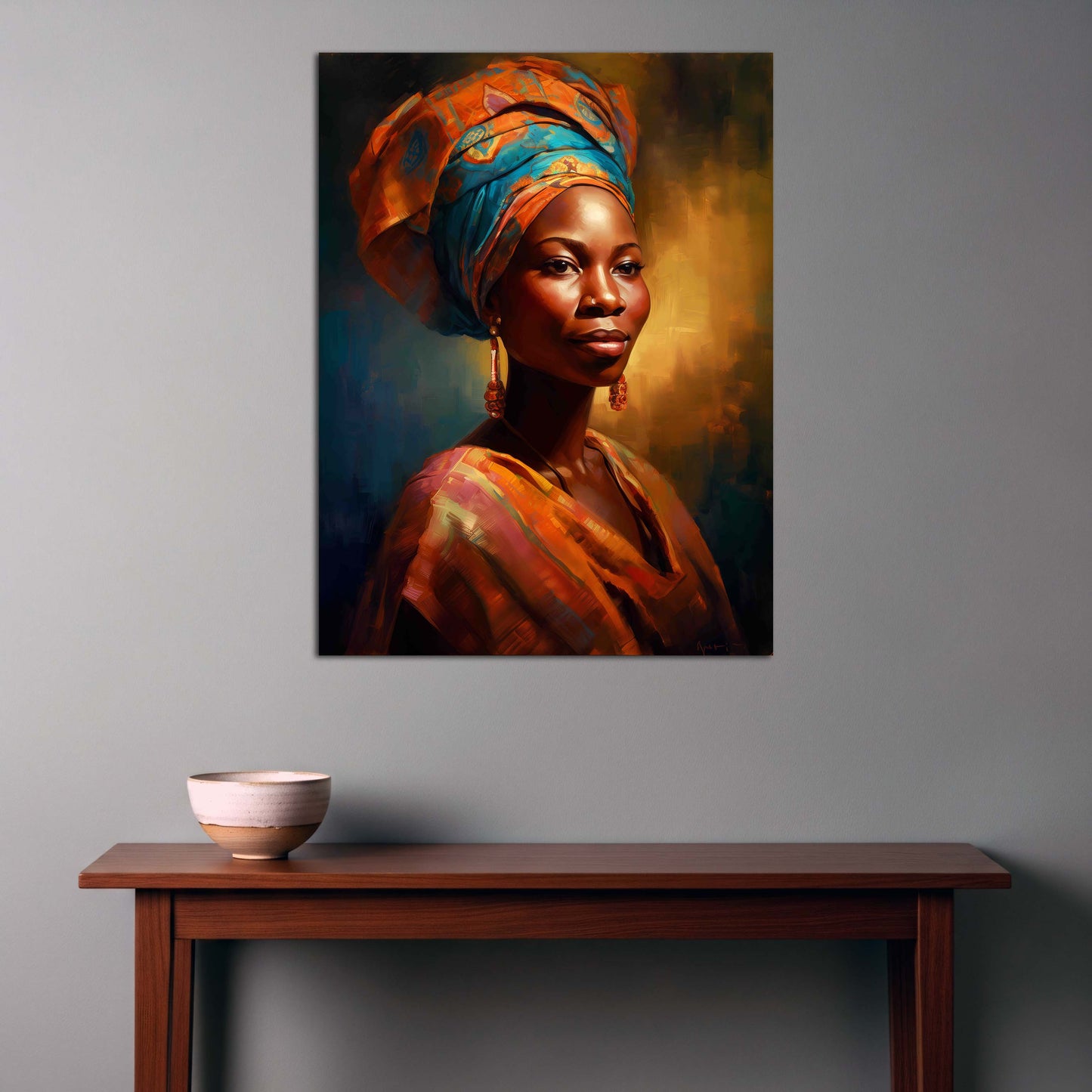 Ritratto donna africana turbante colorato luce calda quadro