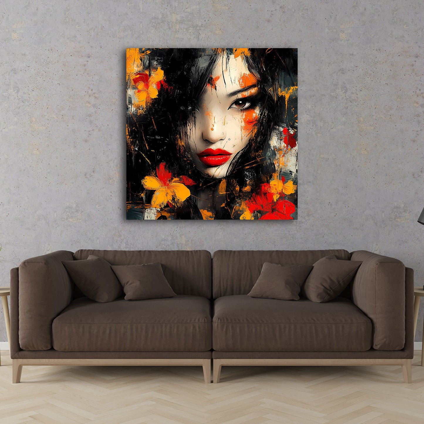 Ritratto donna asiatica fiori rosso arancione quadro