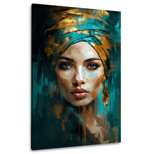 Ritratto donna astratto moderno turbante colori oro turchese quadro