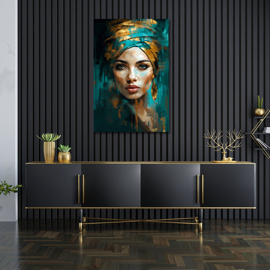 Ritratto donna astratto moderno turbante colori oro turchese quadro