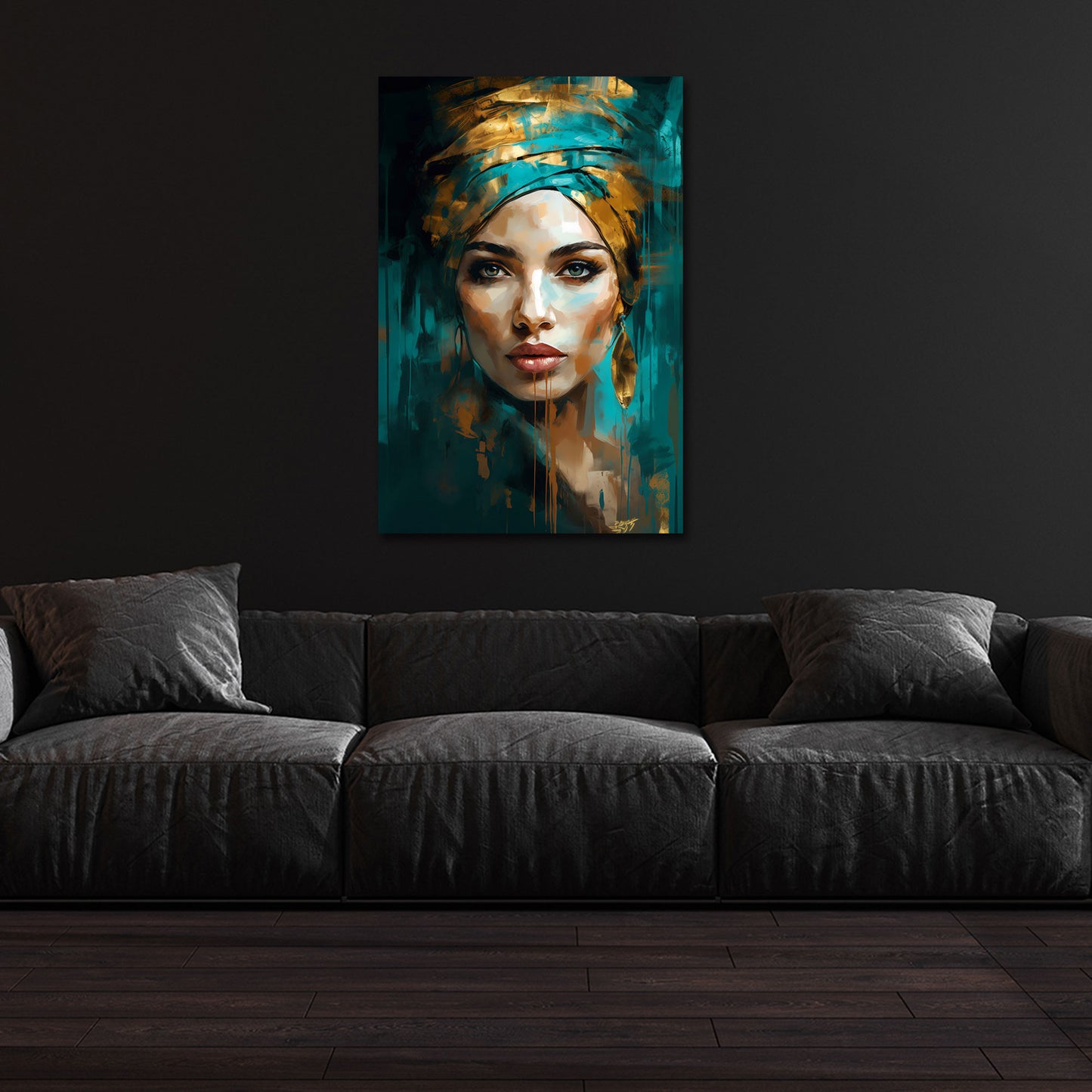 Ritratto donna astratto moderno turbante colori oro turchese quadro
