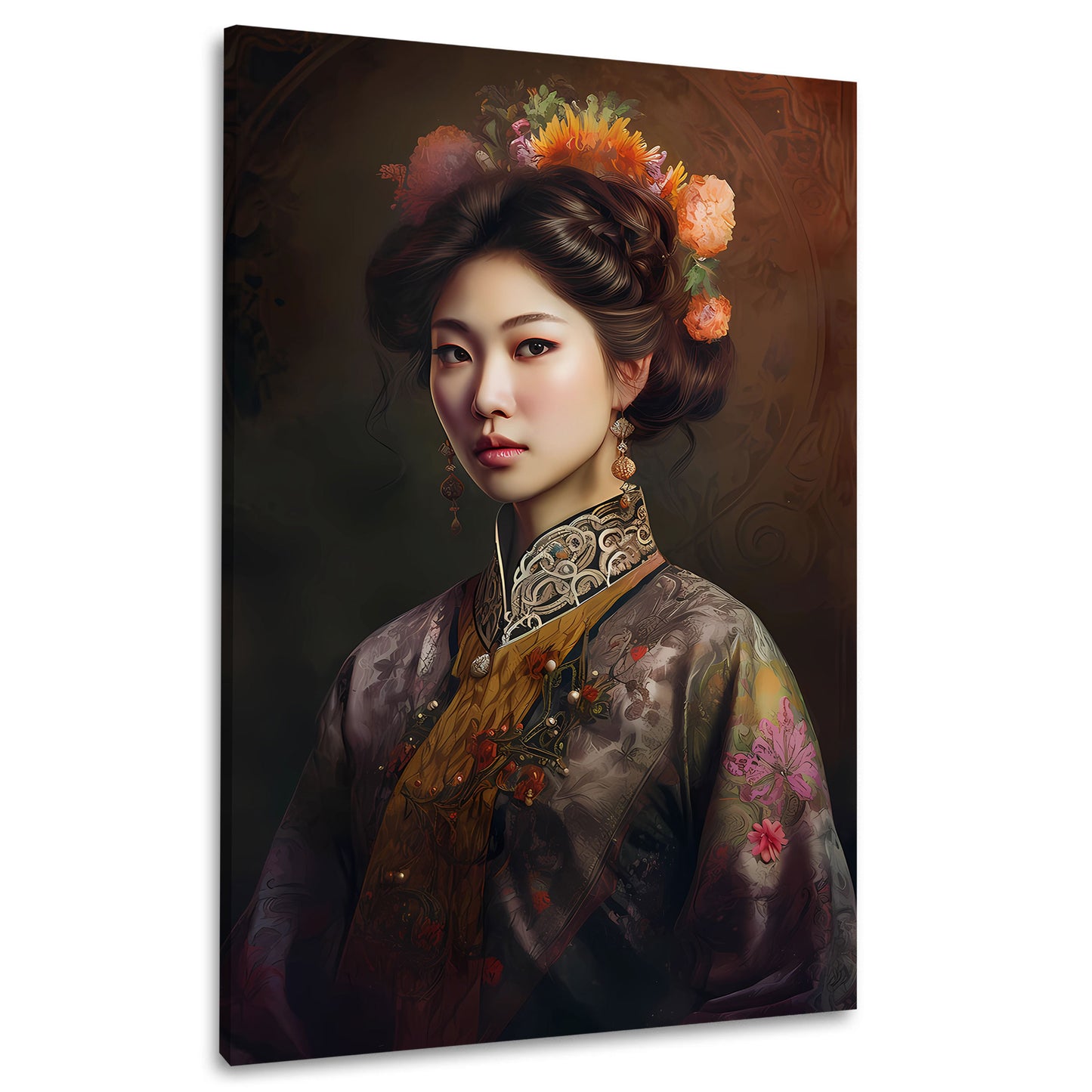 Ritratto femminile asiatico con eleganza floreale quadro