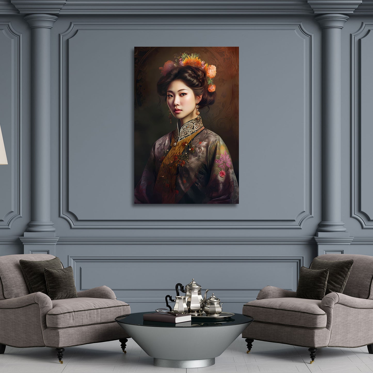 Ritratto femminile asiatico con eleganza floreale quadro