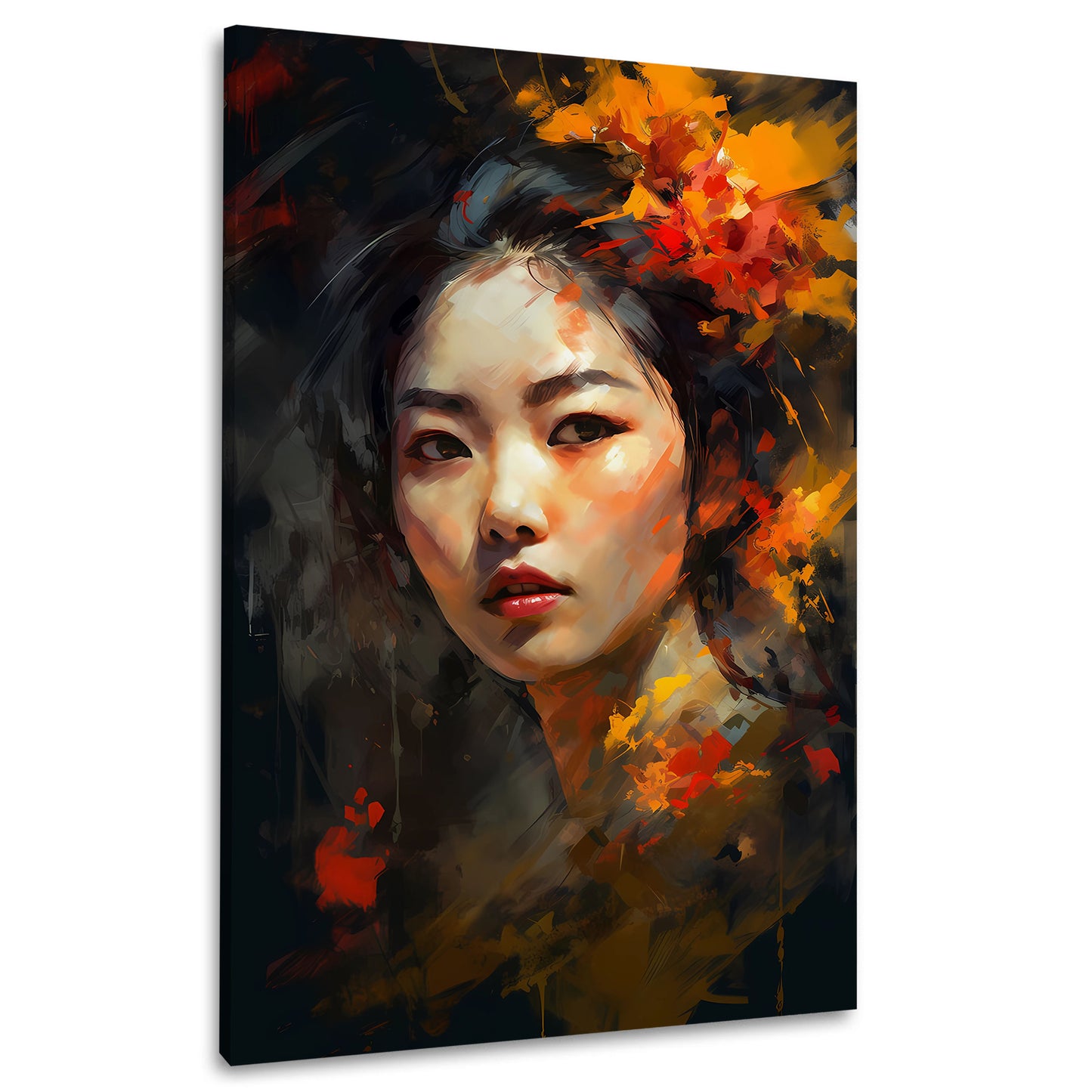 Ritratto femminile con fiori ed espressione intensa quadro