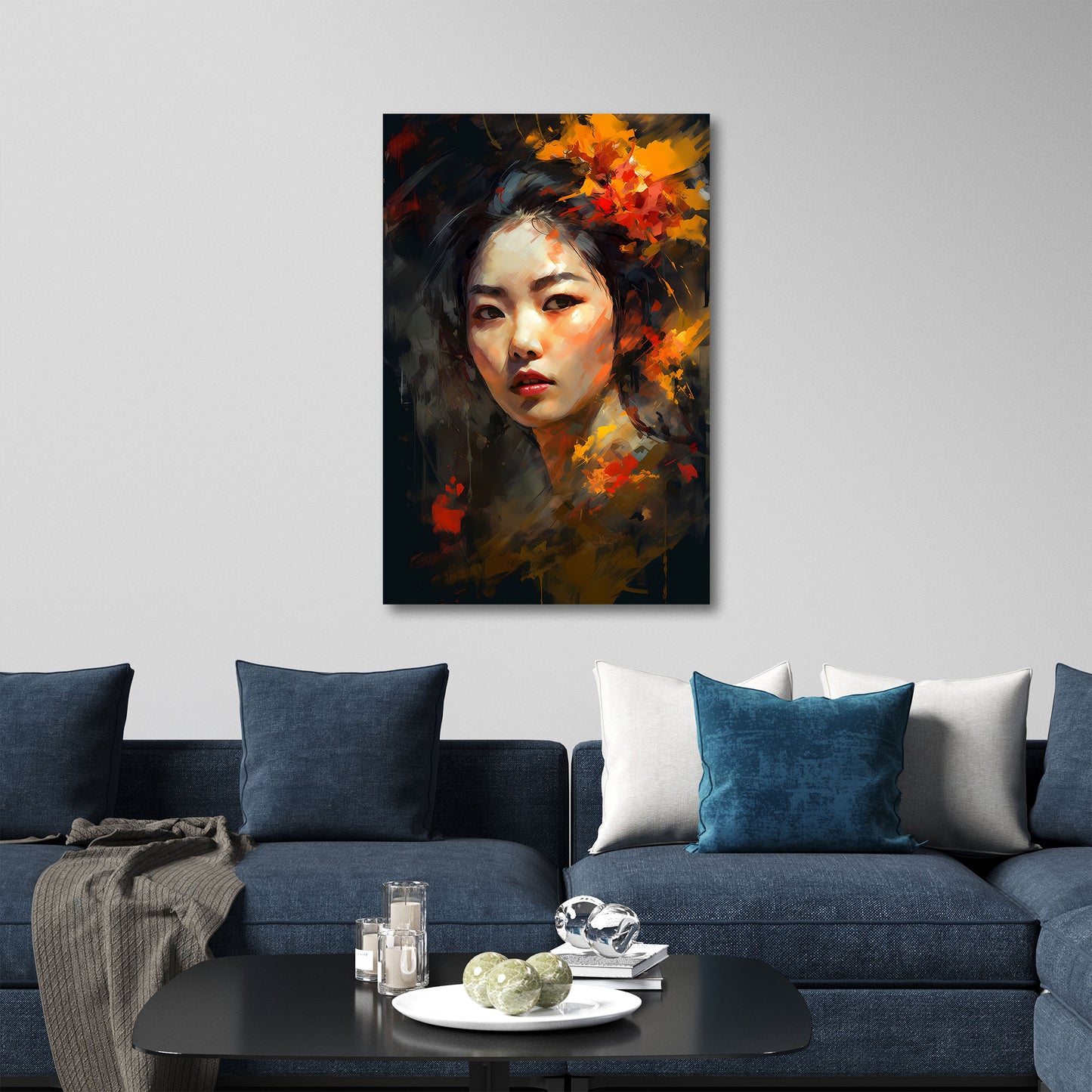 Ritratto femminile con fiori ed espressione intensa quadro