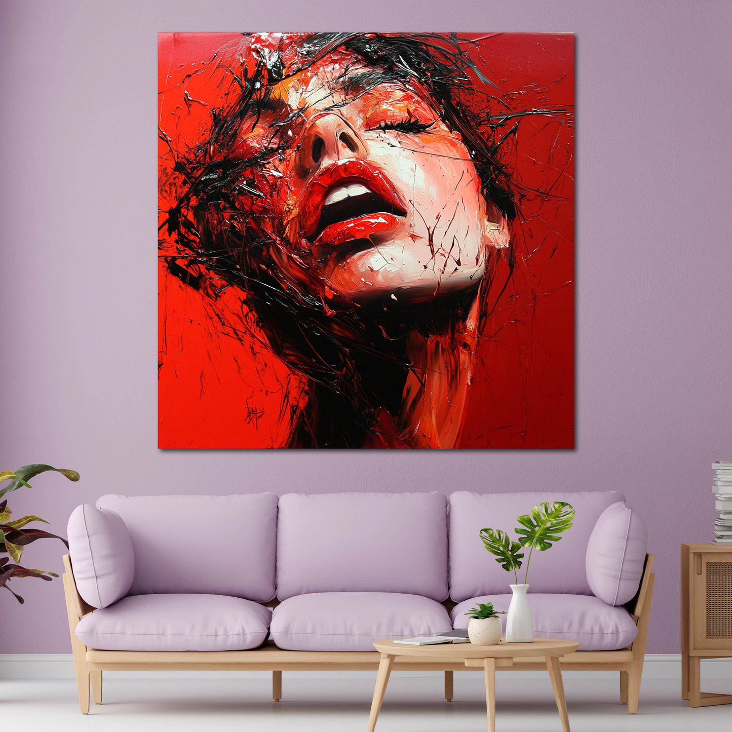 Ritratto femminile espressionista rosso intenso labbra quadro