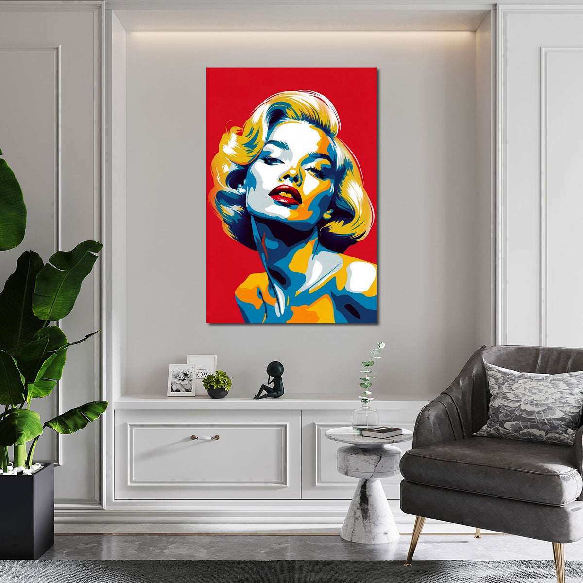 Ritratto femminile retrò Pop Art con riccioli rosso e blu quadro