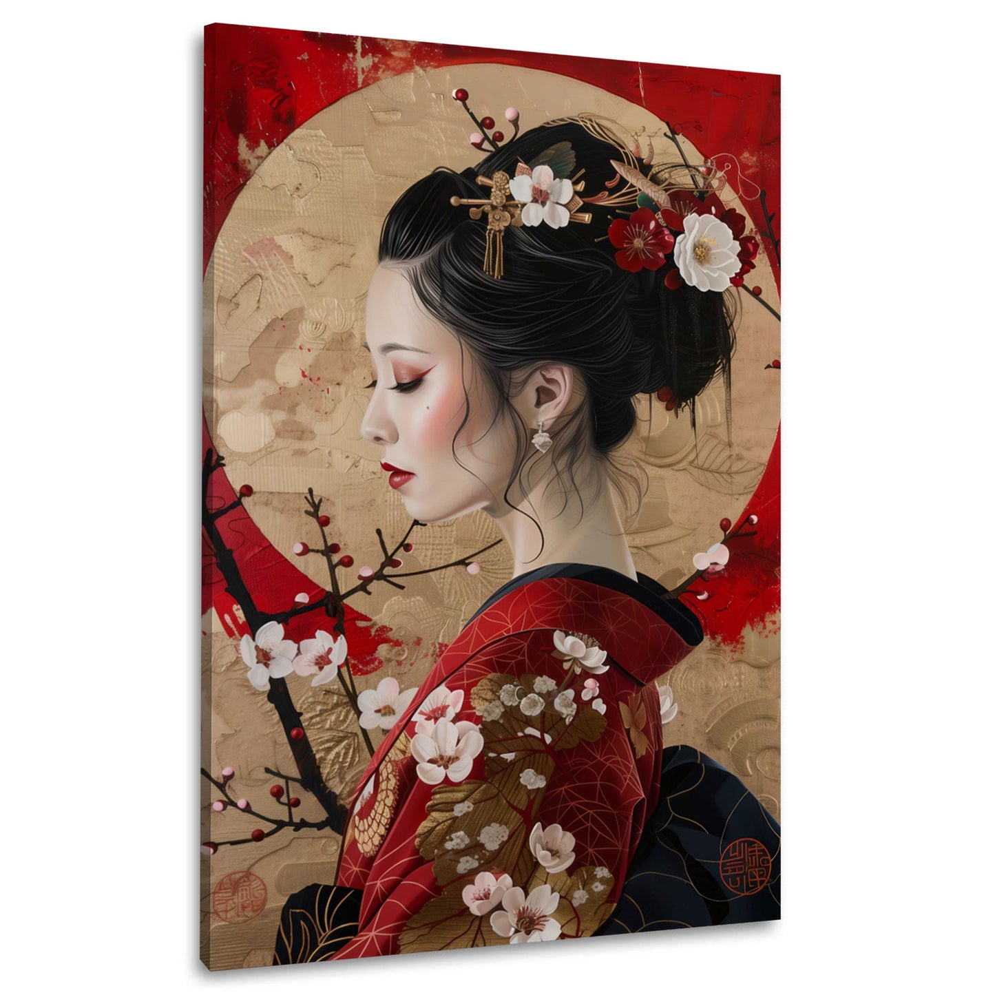 Ritratto geisha kimono rosso con fiori e cerchio oro quadro