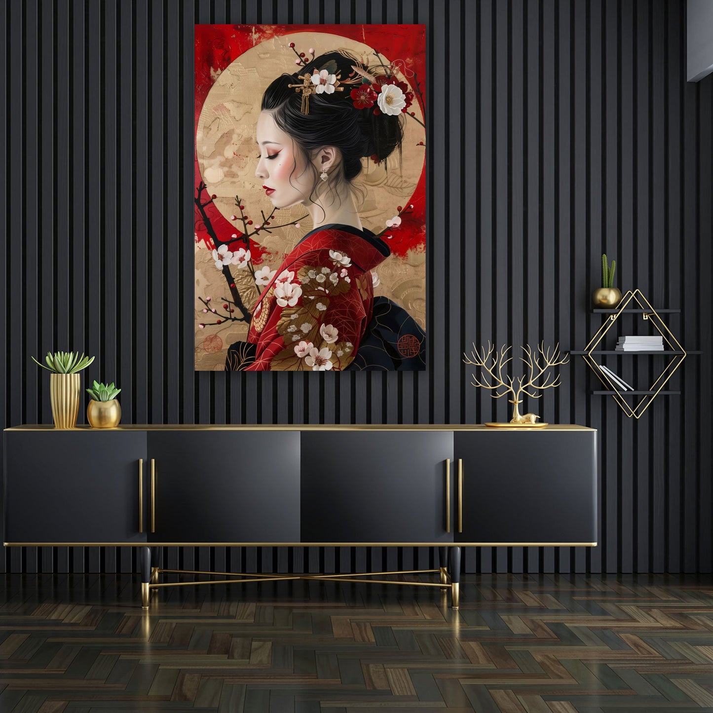 Ritratto geisha kimono rosso con fiori e cerchio oro quadro