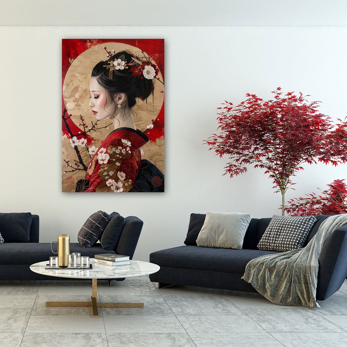 Ritratto geisha kimono rosso con fiori e cerchio oro quadro