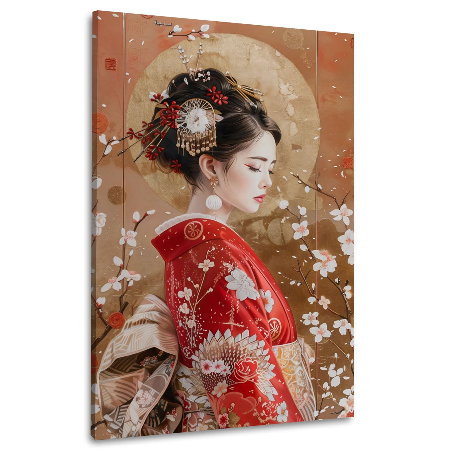 Ritratto geisha kimono rosso con fiori elegante e fine quadro