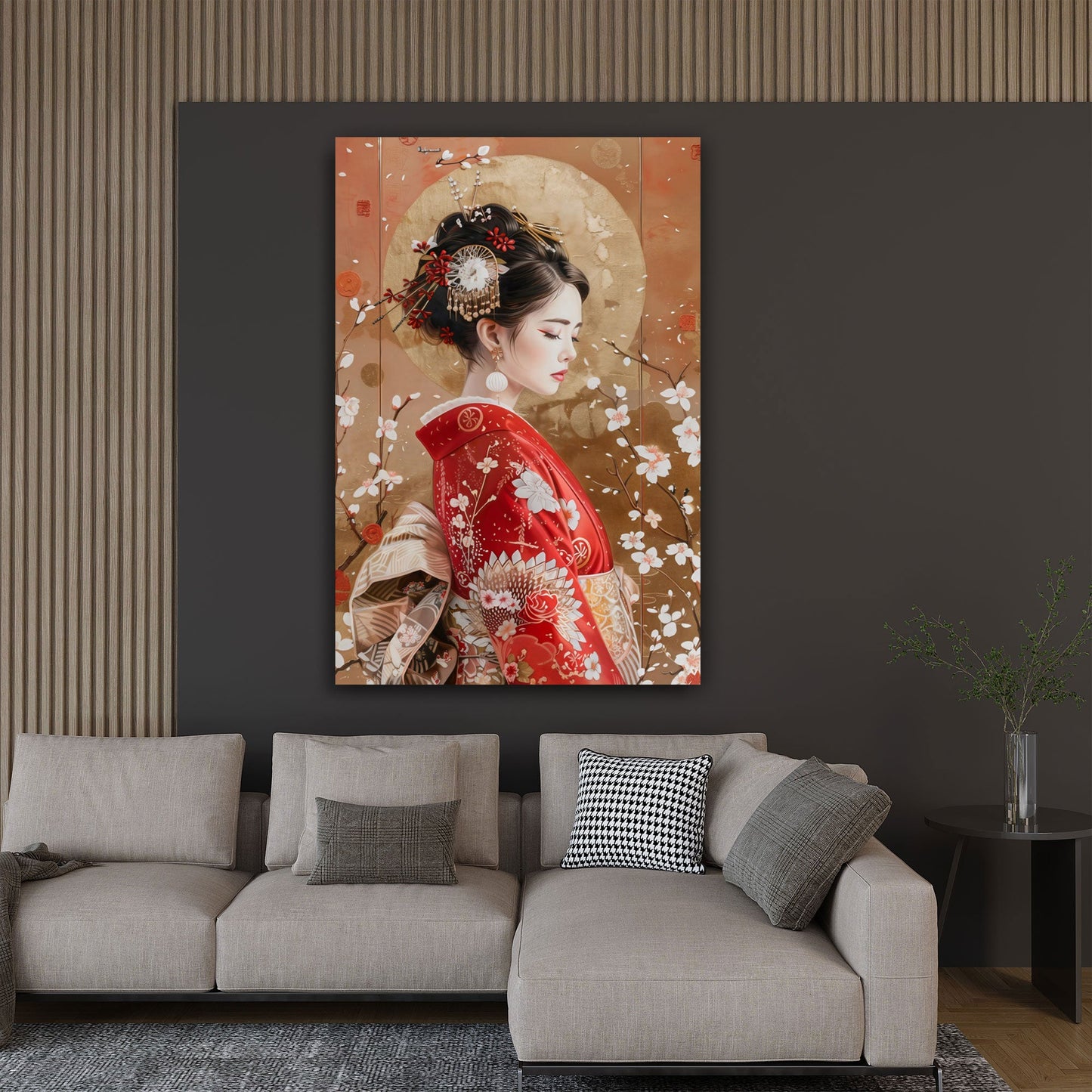 Ritratto geisha kimono rosso con fiori elegante e fine quadro