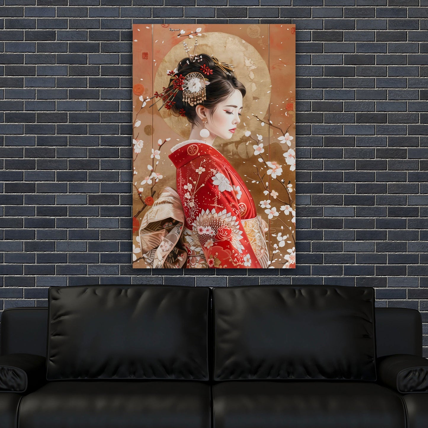 Ritratto geisha kimono rosso con fiori elegante e fine quadro