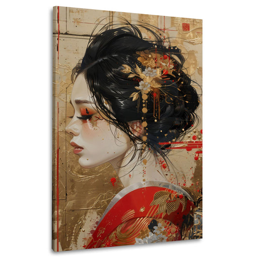 Ritratto geisha kimono rosso elegante con sfondo orientale quadro