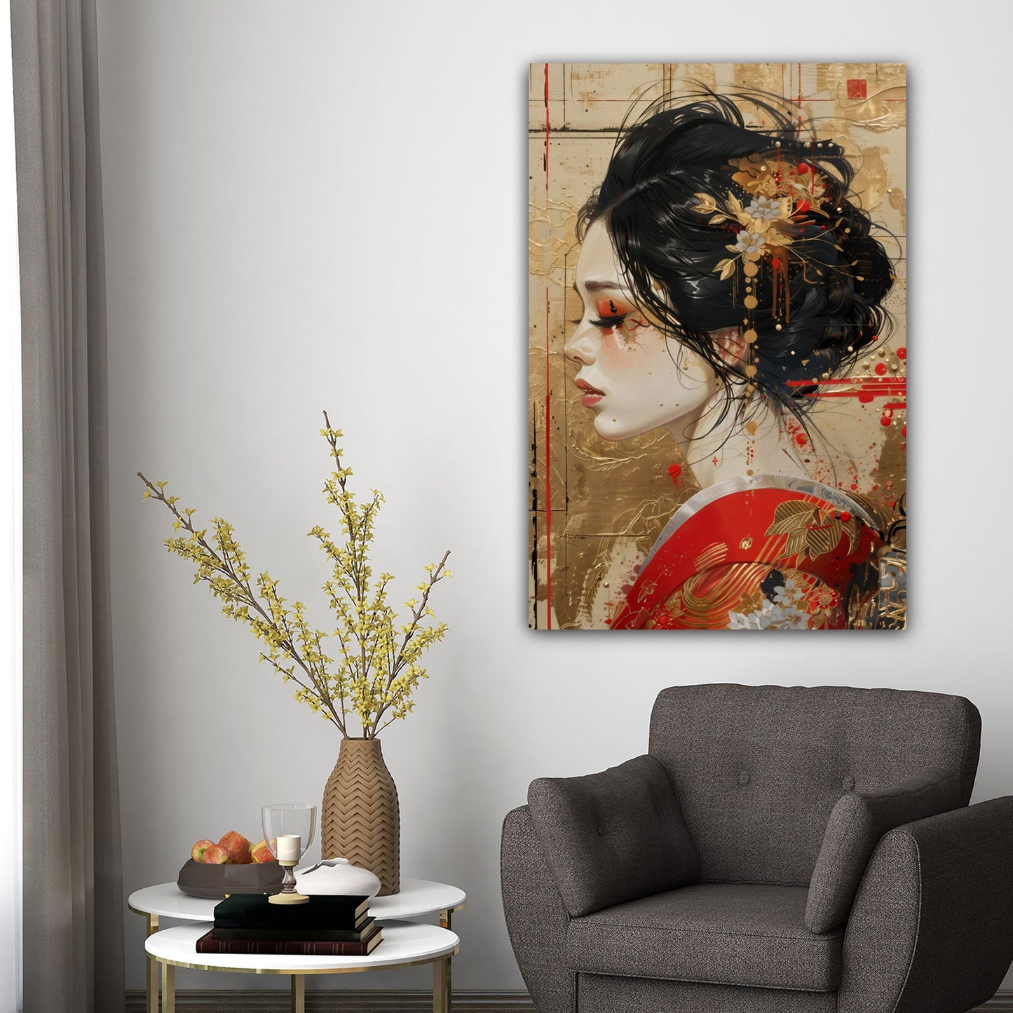 Ritratto geisha kimono rosso elegante con sfondo orientale quadro