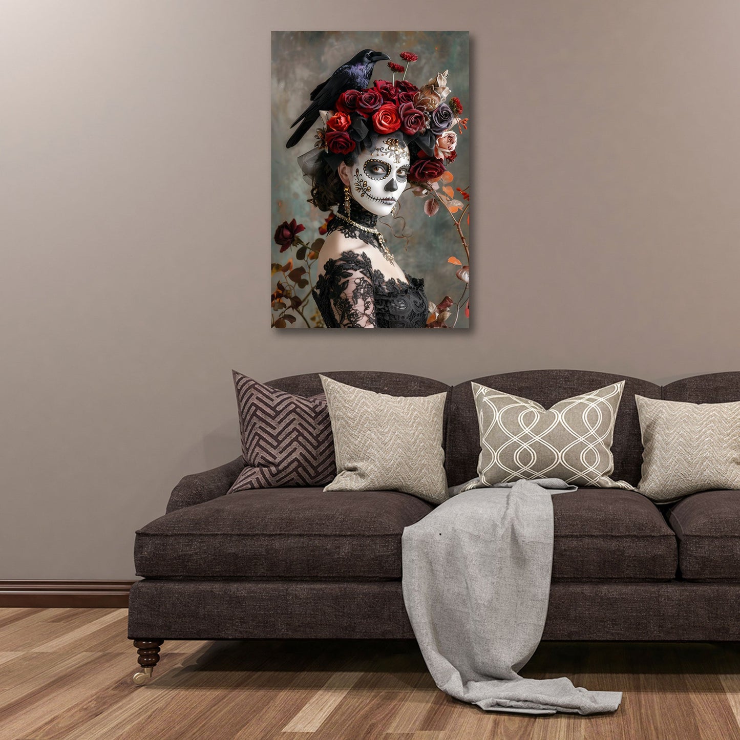 Ritratto la catrina con corvo e corona di rose rosse quadro