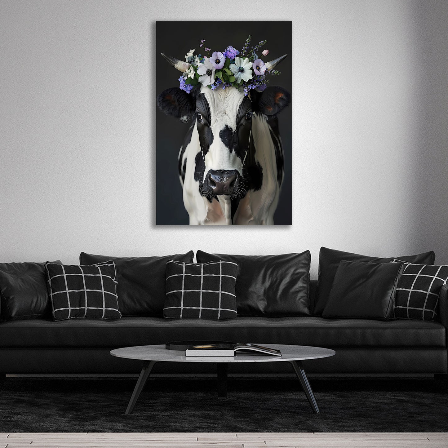 Ritratto mucca con fiori viola bianco e nero quadro