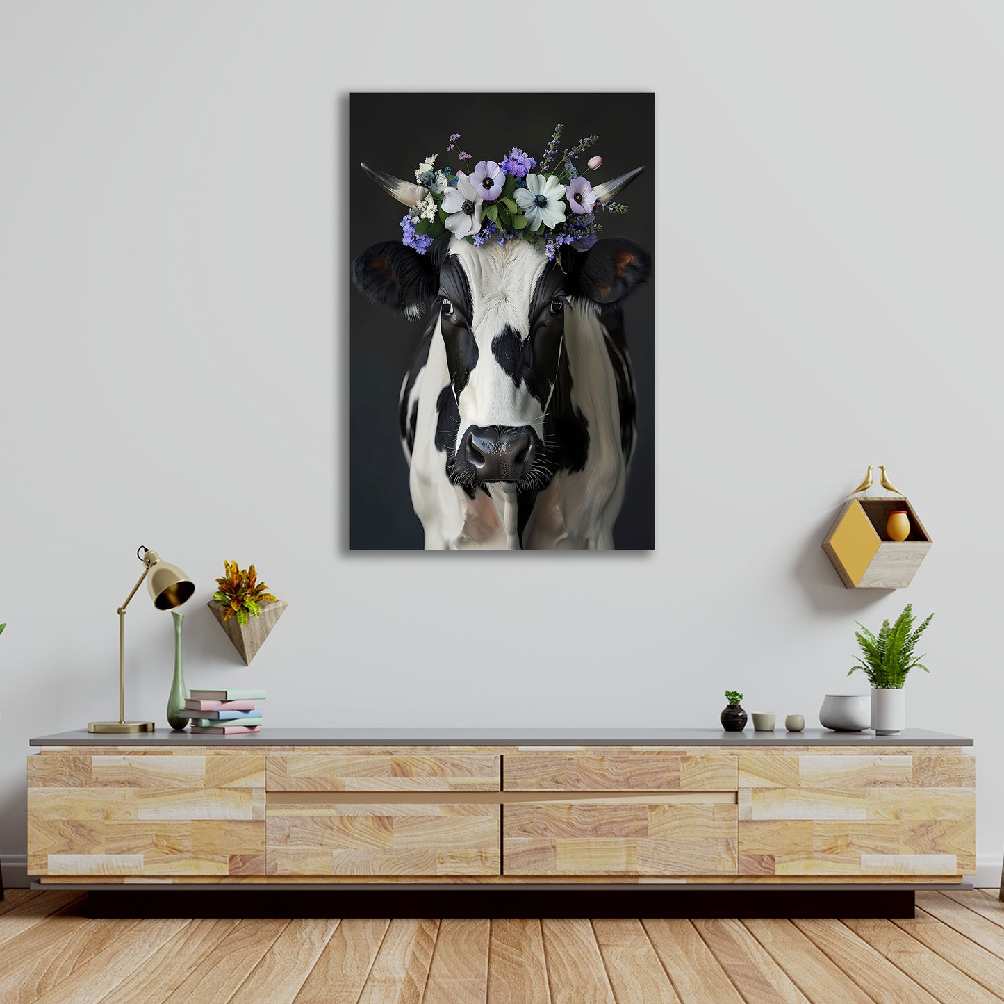 Ritratto mucca con fiori viola bianco e nero quadro