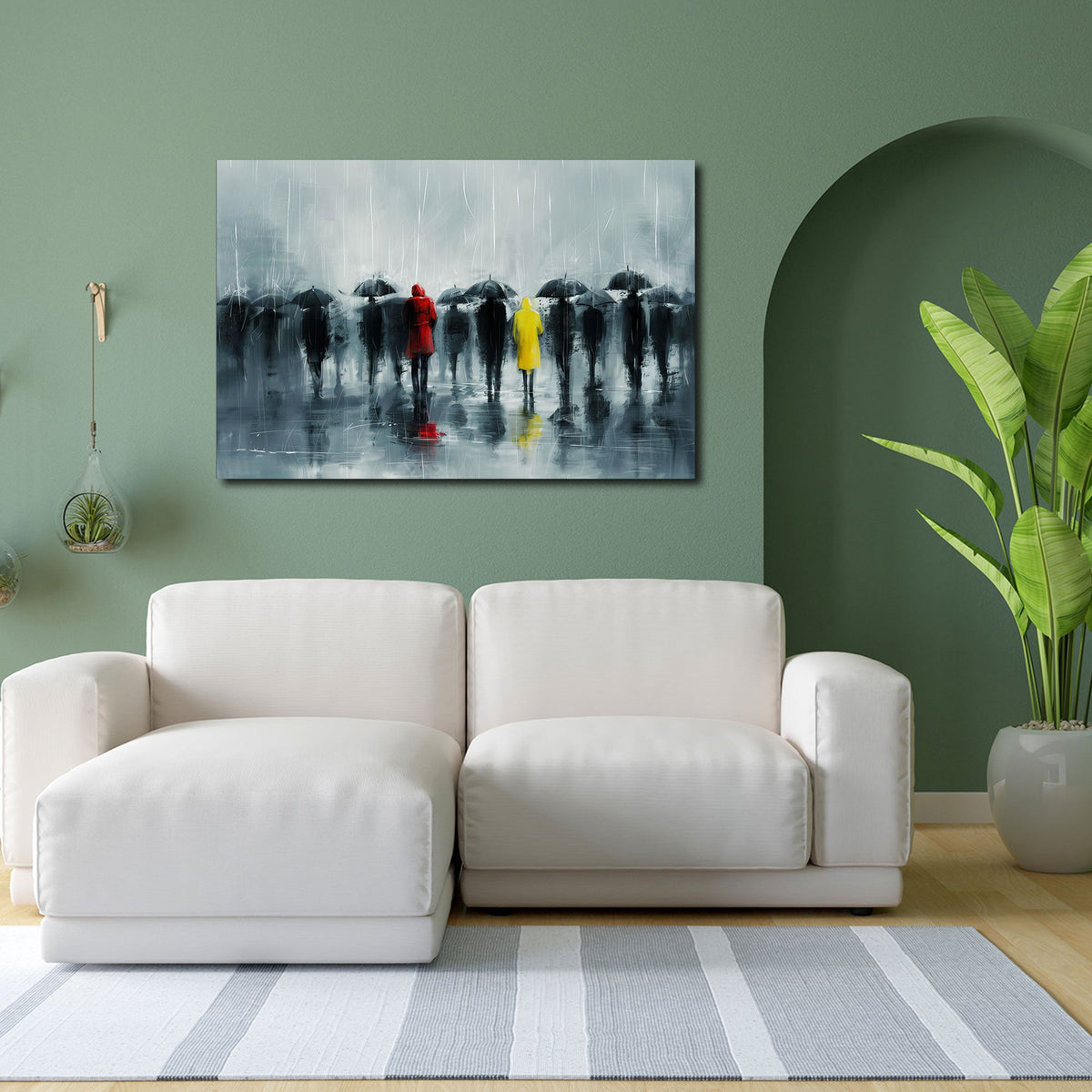 Scena di pioggia grigia con passanti e cappotti colorati quadro
