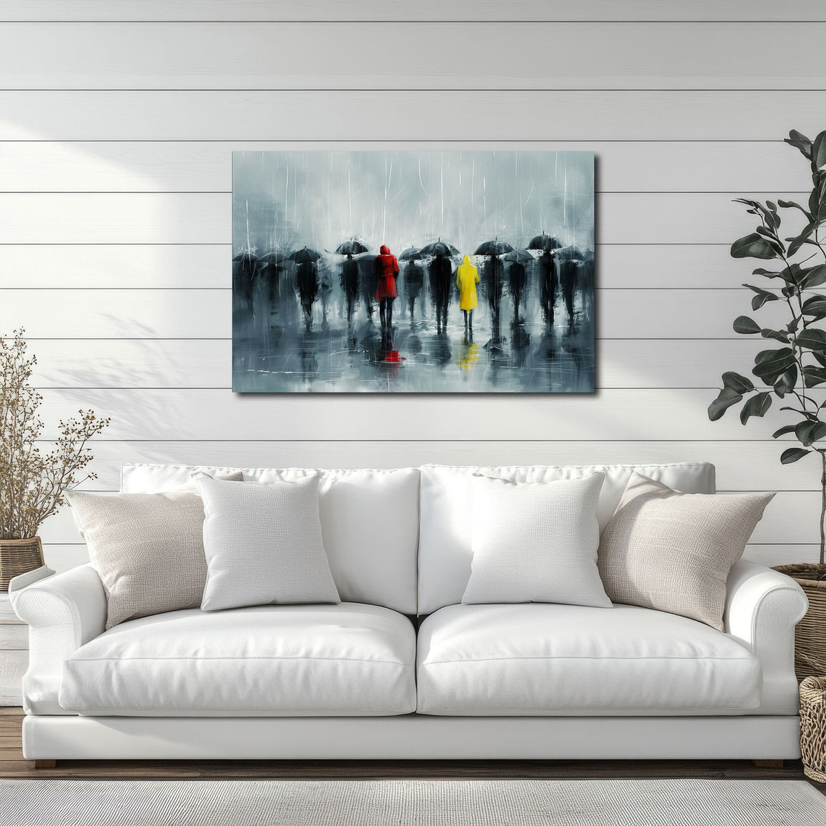 Scena di pioggia grigia con passanti e cappotti colorati quadro