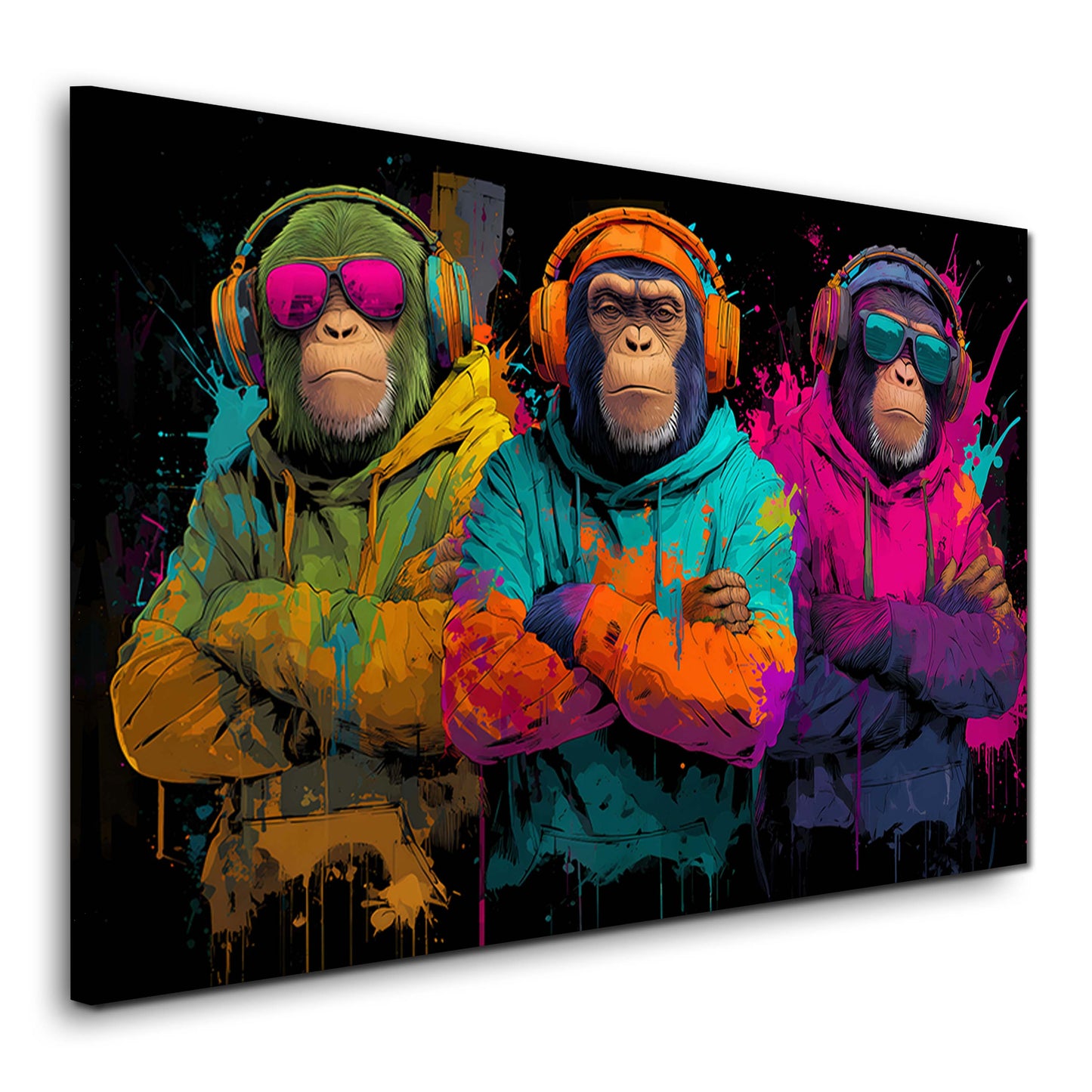 Scimmie con felpe colorate e cuffie stile pop art neon quadro