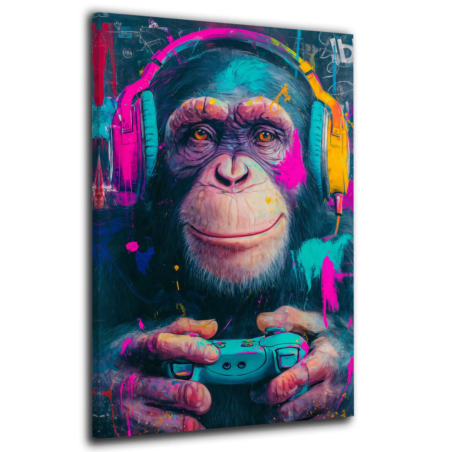 Scimpanzé con cuffie e gamepad in colori neon vivaci quadro