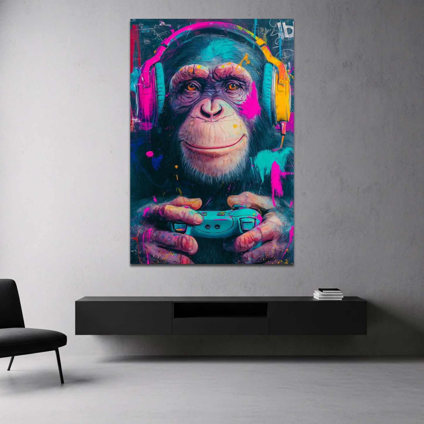 Scimpanzé con cuffie e gamepad in colori neon vivaci quadro