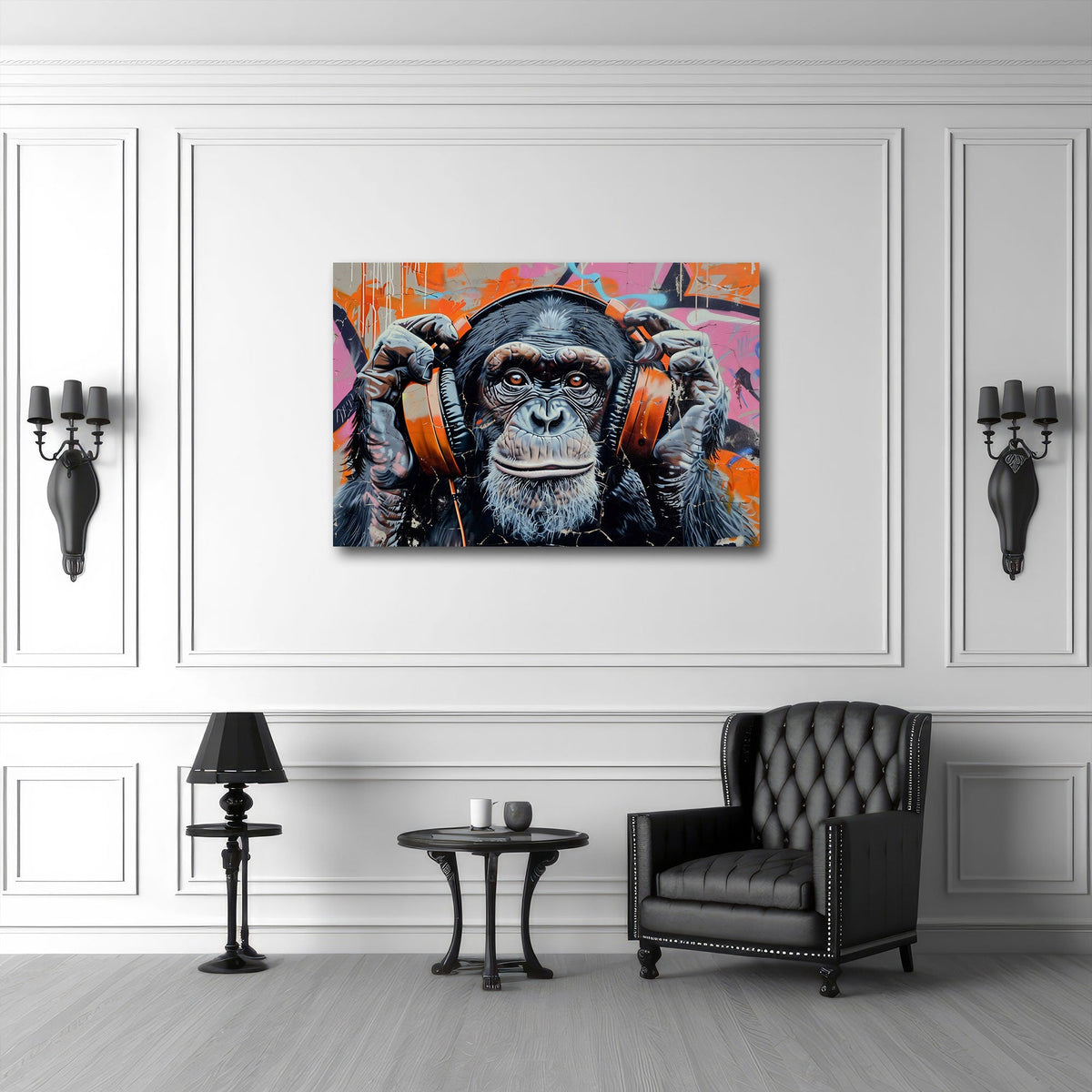 Scimpanzé amante della musica con cuffie Street Art quadro