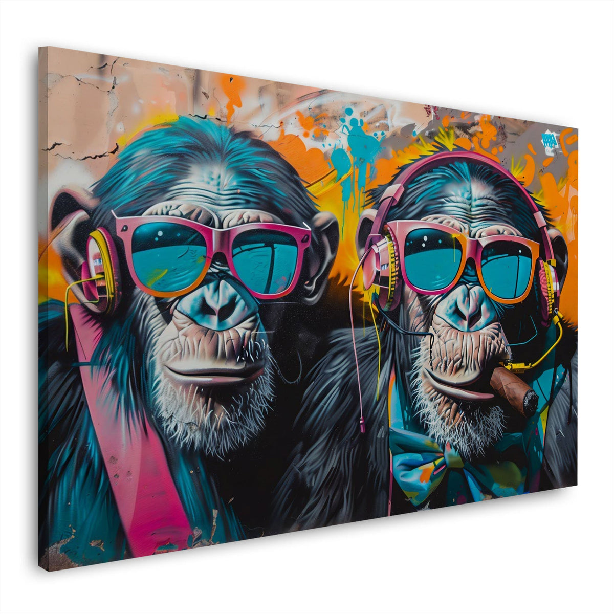 Scimpanzé cool con cuffie su muro colorato graffiti quadro