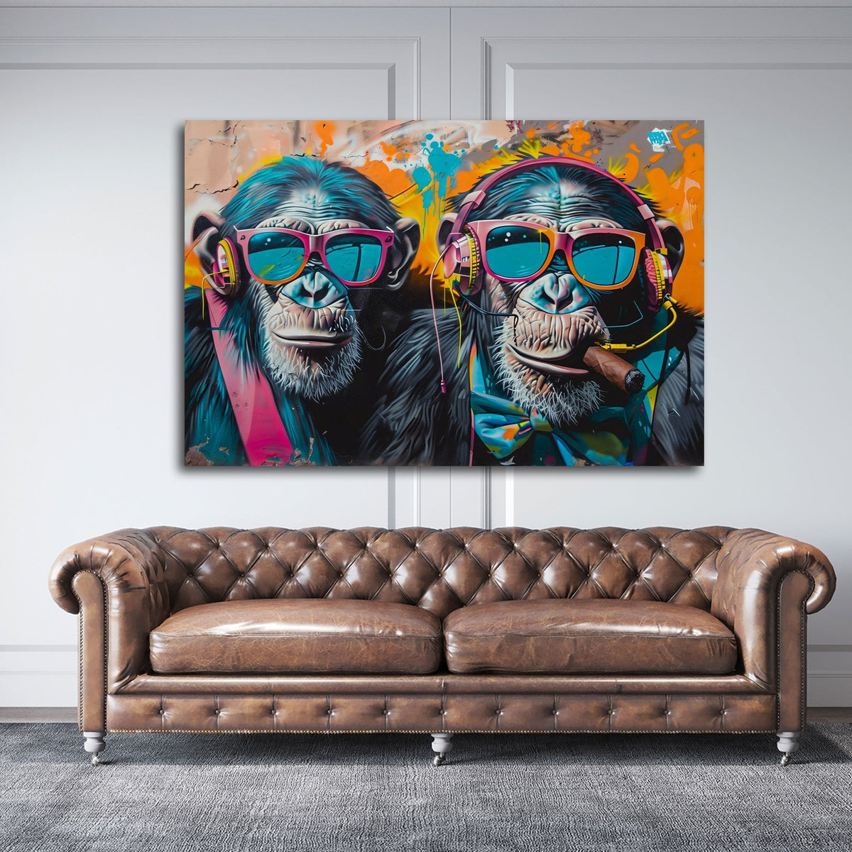 Scimpanzé cool con cuffie su muro colorato graffiti quadro