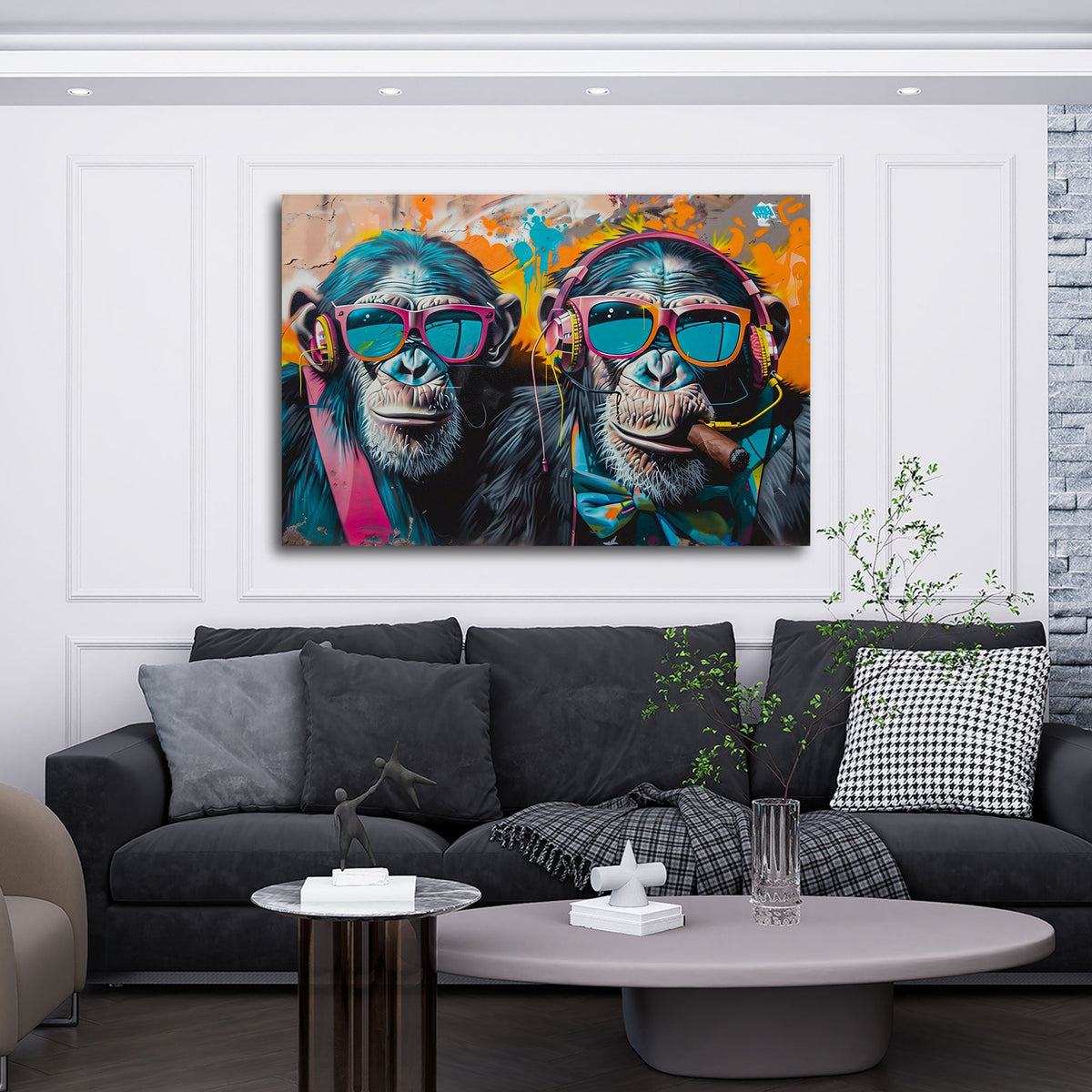 Scimpanzé cool con cuffie su muro colorato graffiti quadro
