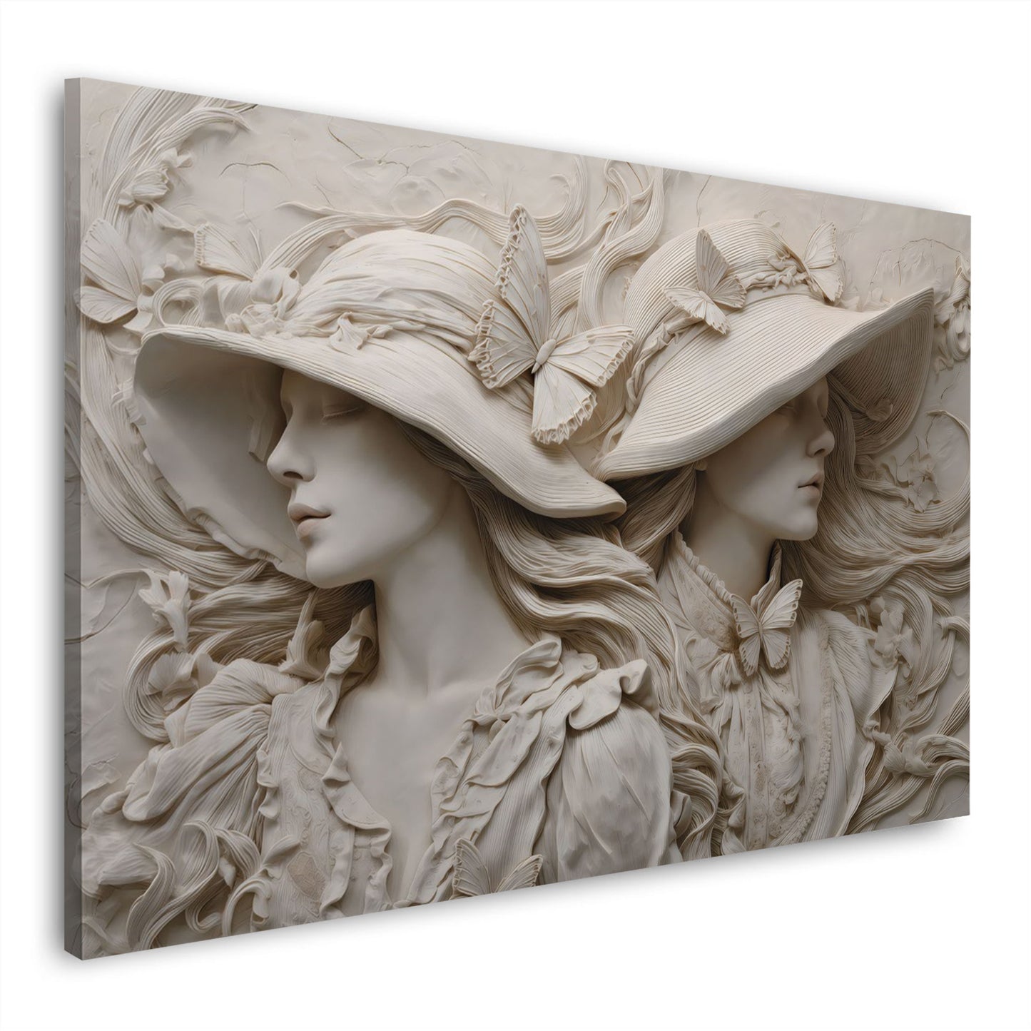 Scultura donne eleganti cappelli farfalle arte rilievo quadro