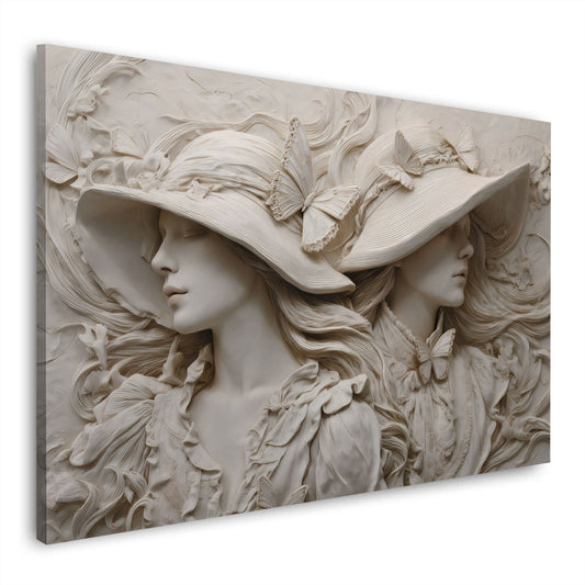Scultura donne eleganti cappelli farfalle arte rilievo quadro