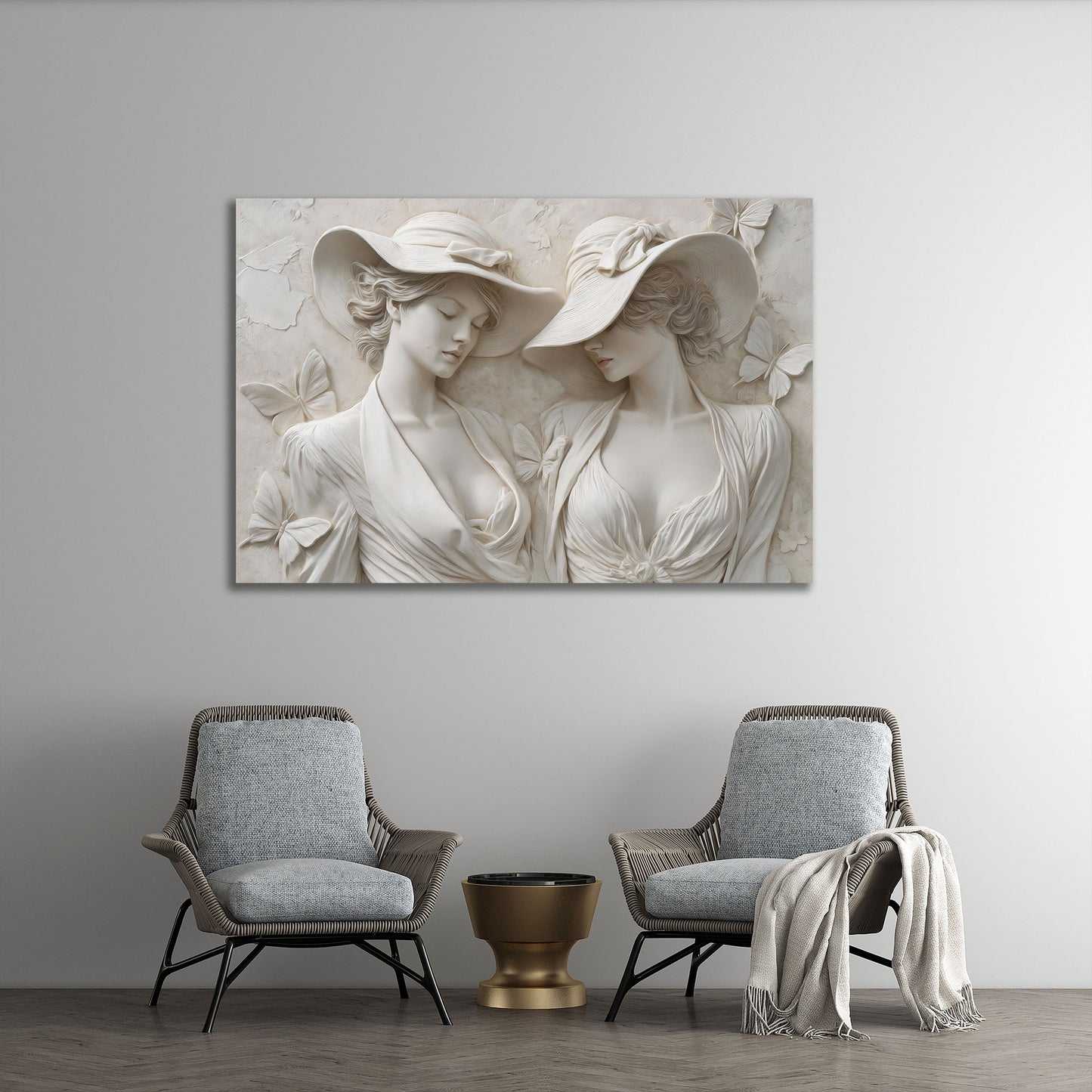 Scultura donne eleganti con cappello farfalle stile marmo quadro