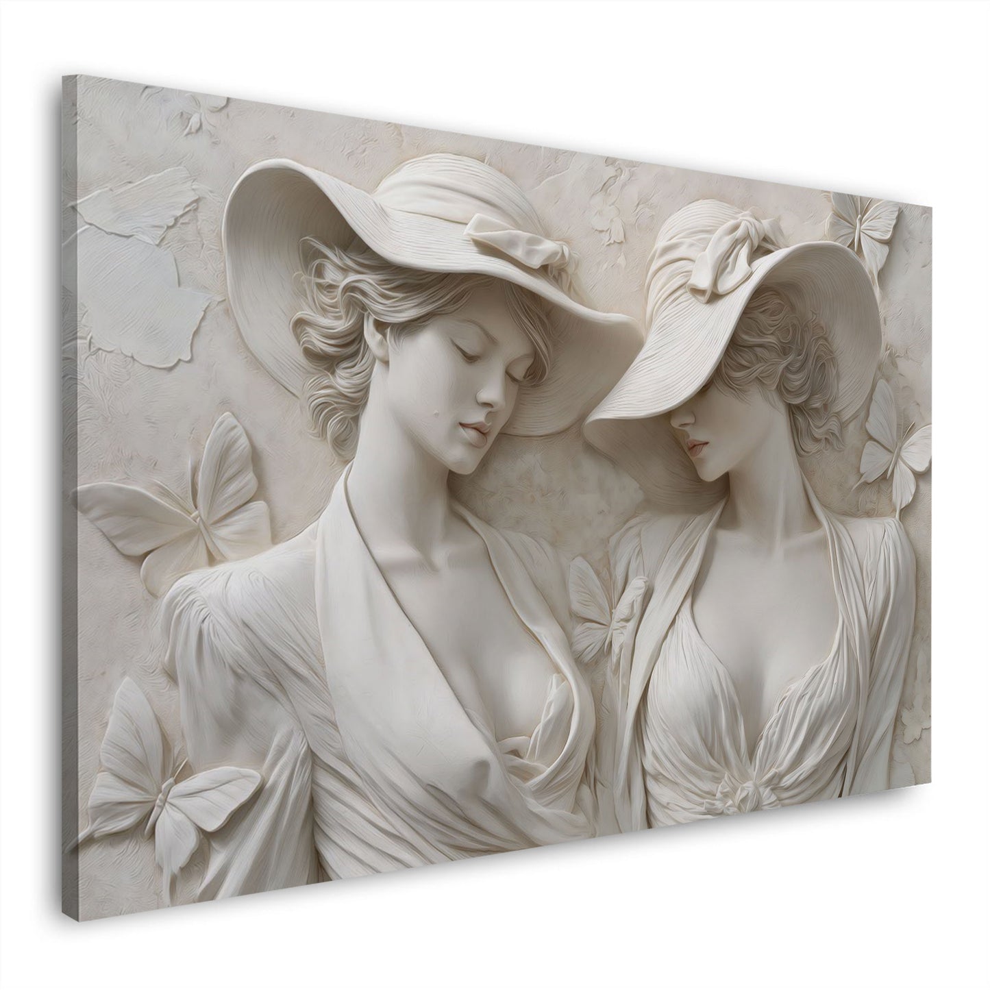 Scultura donne eleganti con cappello farfalle stile marmo quadro