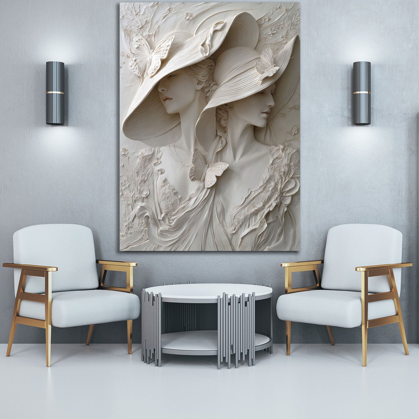 Scultura elegante donne con cappelli farfalle arte rilievo quadro