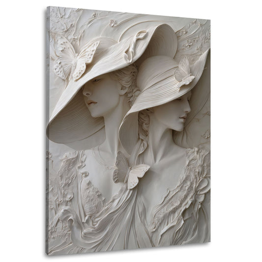 Scultura elegante donne con cappelli farfalle arte rilievo quadro