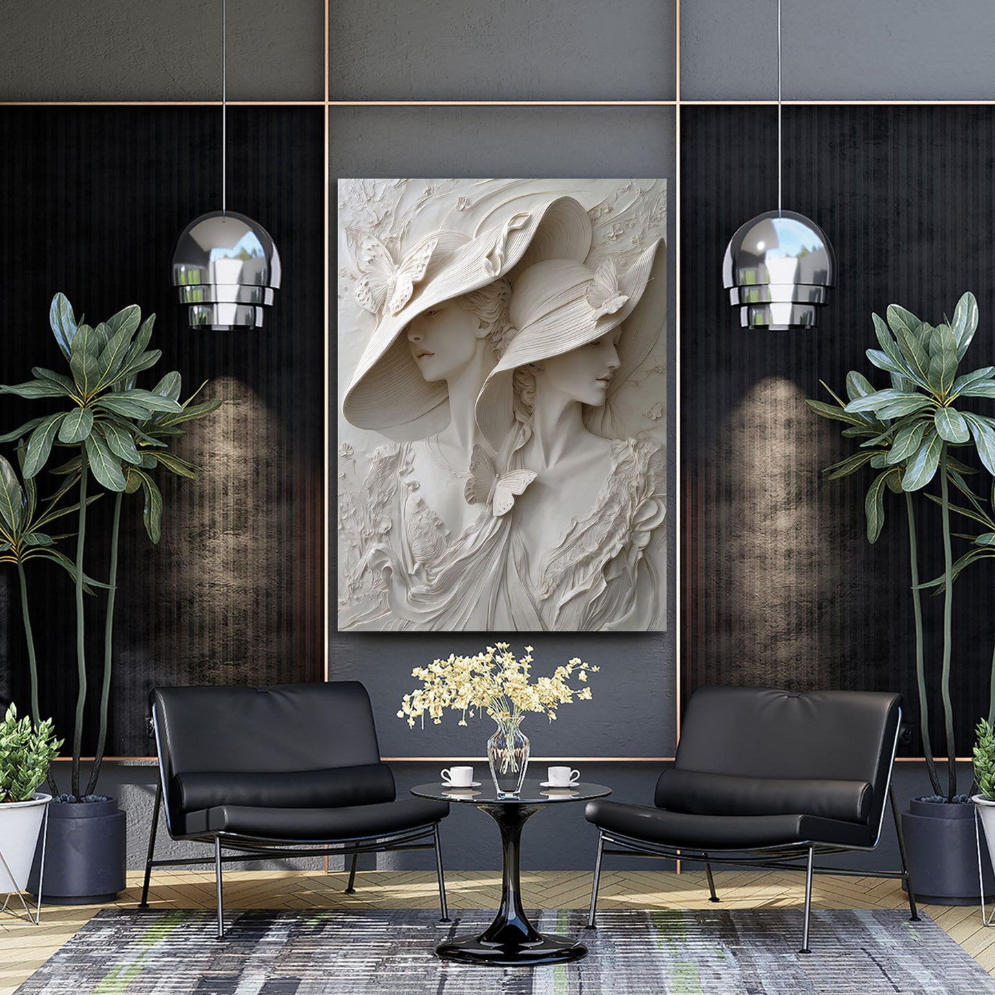 Scultura elegante donne con cappelli farfalle arte rilievo quadro
