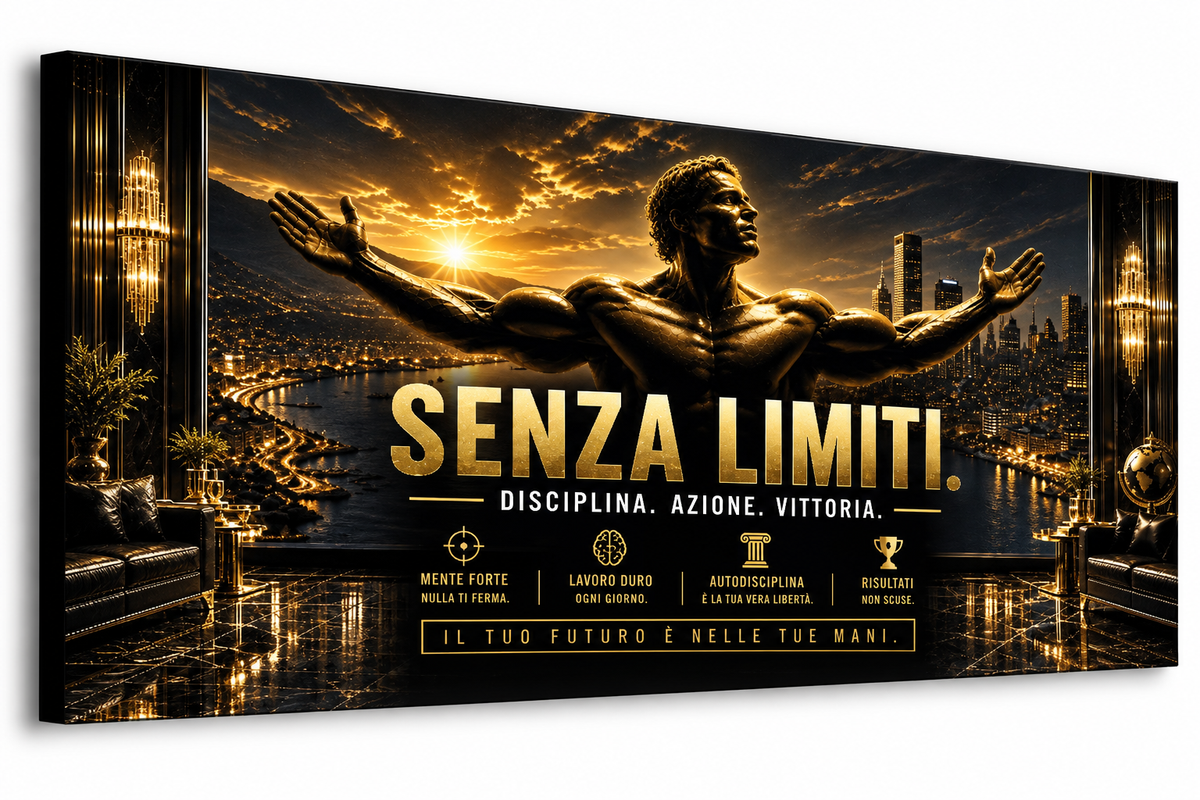 Senza limiti motivazione bodybuilder oro e nero quadro